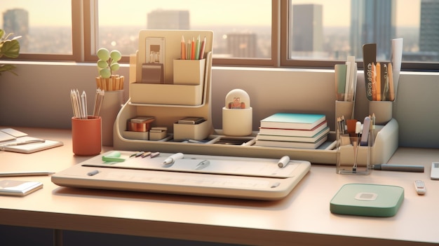 Schreibtisch mit Laptop, Telefon, Bücher, Stifte und Büroartikel