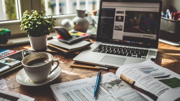 Foto schreibtisch mit laptop, zeitschriften, büroartikeln, pflanze und eine tasse kaffee