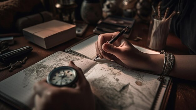 Schreibtisch mit Papieren, einem weißen Block und den Händen eines Geschäftsmannes, der im Begriff ist, Nahaufnahme an den Han zu schreiben