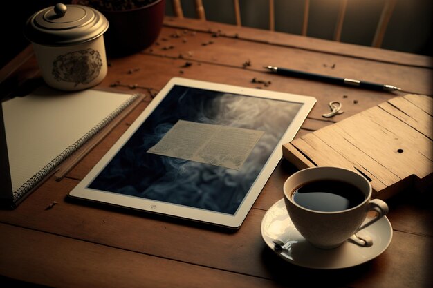 Schreibtisch mit Tablet-Notebook und Kaffee