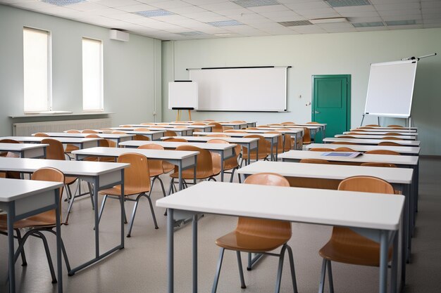 Schreibtisch und Stühle im Klassenzimmer