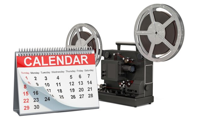 Foto schreibtischkalender mit kinoprojektor film veröffentlicht kalenderkonzept 3d-rendering