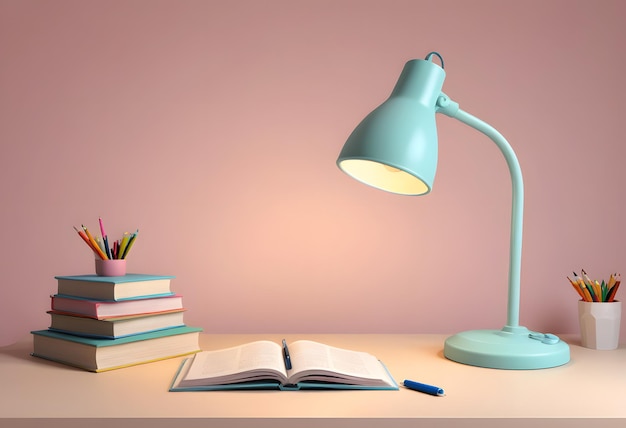 Schreibtischlampe mit Büchern und Stiften