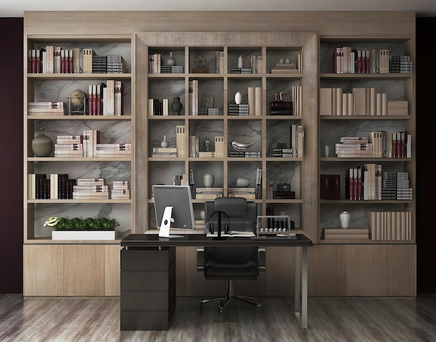 Schreibtischzimmer oder Büromodell mit Schreibtisch oder Computer und Bücherregalbibliothek