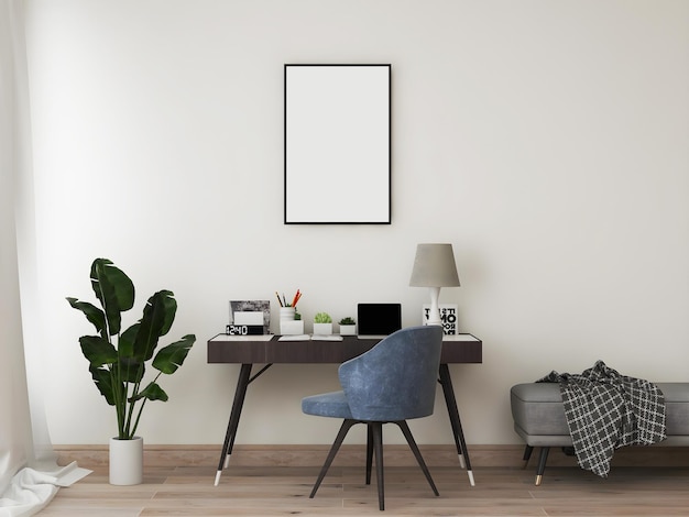 Schreibtischzimmer oder Home-Office-Mockup mit 1 leeren Hochformat-Schreibtisch und Objekt blauer Stuhlpflanze und