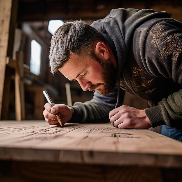 Schreiner macht Markierungen auf Holzdetails
