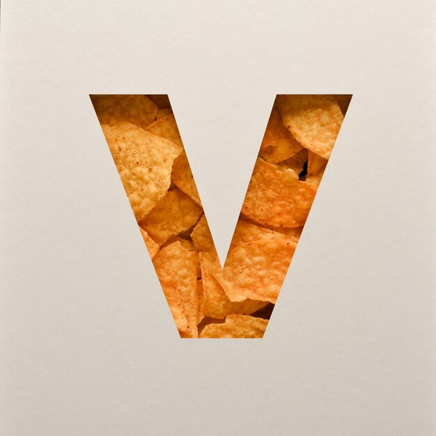 Schriftdesign, abstrakte Alphabetschrift mit Dreieck-Mais-Chips, realistische Blatttypografie - V.