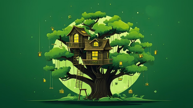 Schrillerige Grafik eines Baumhauses