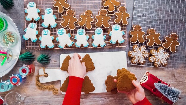 Foto schritt für schritt. flach liegen. lebkuchenplätzchen mit royal icing dekorieren.