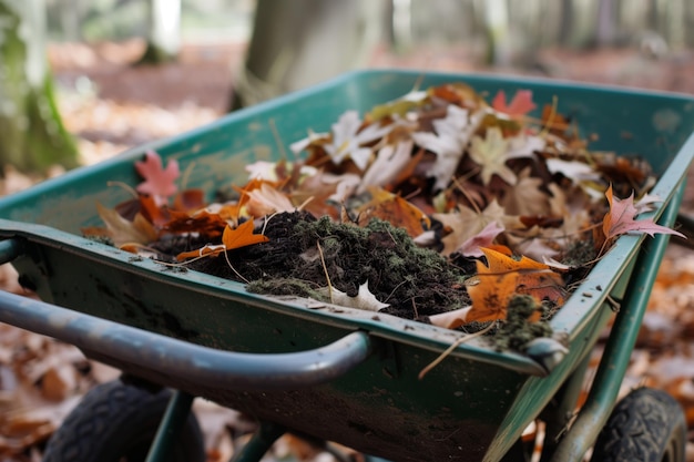 Foto schubkarre mit kompost und blättern gefüllt