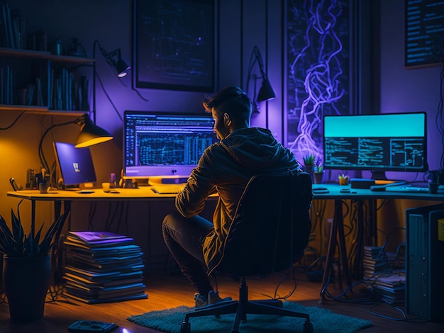 Schüler, der auf seinem Computer programmiert, mit angemessener Beleuchtung in der Nacht farbenfroher PC-Tischstuhl