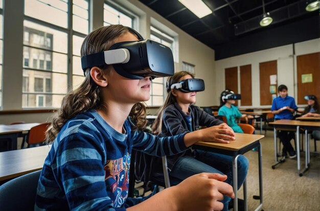 Foto schüler erleben virtuelle realität im klassenzimmer