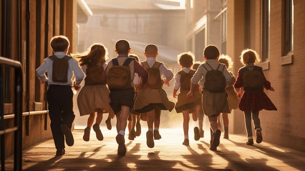 Schüler gehen mit der Tasche zur Schule, eine Gruppe von Kindern geht zur Schule, Kinder gehen zur Schule.