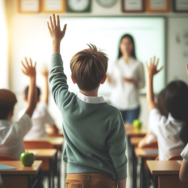 Foto schüler heben die hände im klassenzimmer