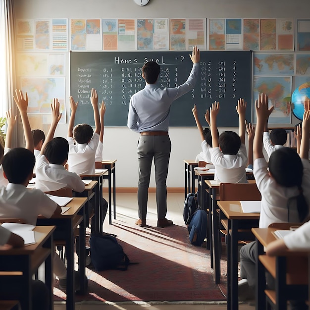 Schüler heben die Hände im Klassenzimmer