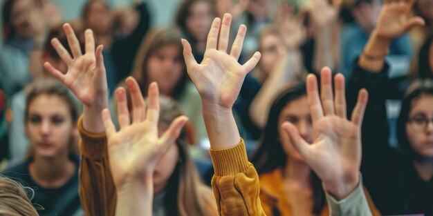 Foto schüler heben die hände, um fragen zu beantworten