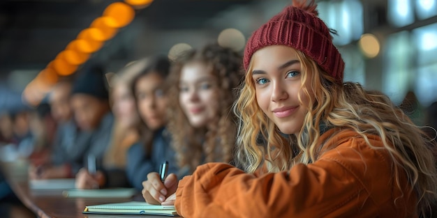 Foto schüler in einem klassenzimmer mit unterschiedlichem hintergrund schreiben in notizbüchern mit leerem raum für text oder design konzept klassenzimmervielfalt lernen von schülern schreiben in notibbüchern leerraum für text