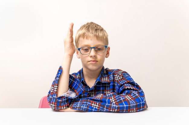 Schüler mit Brille hebt seine Hand Junge im karierten Hemd weiß Antwort Grundschulstudium