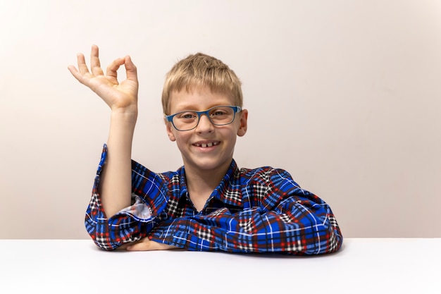 Schüler mit Brille hebt seine Hand Junge im karierten Hemd weiß Antwort Grundschulstudium