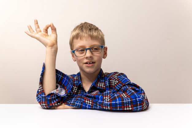 Schüler mit Brille hebt seine Hand Junge im karierten Hemd weiß Antwort Grundschulstudium