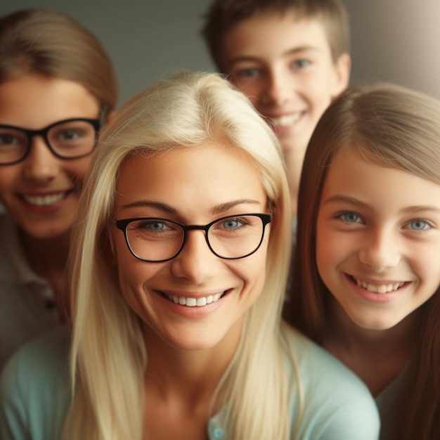 Schüler mit einer glücklichen Lehrerin im Klassenzimmer