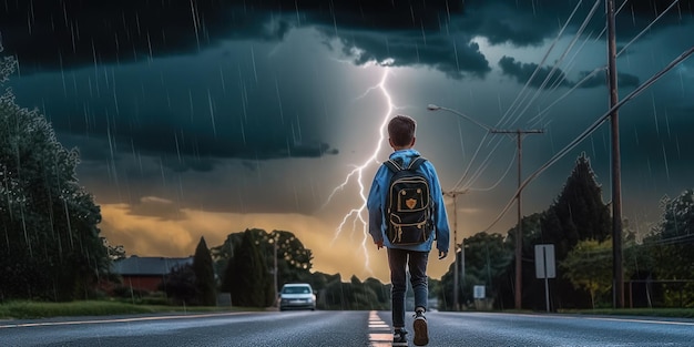 Schüler mit Rucksack gehen zur Schule, Gewitterhintergrund, zurück zum Schulkonzept, generative KI