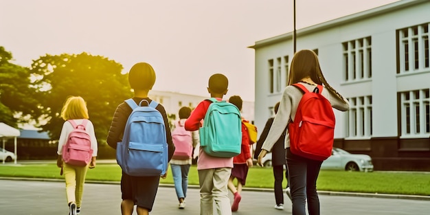 Schüler mit Rucksäcken gehen zur Schule Konzept der KI für den Schulanfang generiert