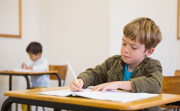 Schüler schreiben im Editor an seinem Schreibtisch