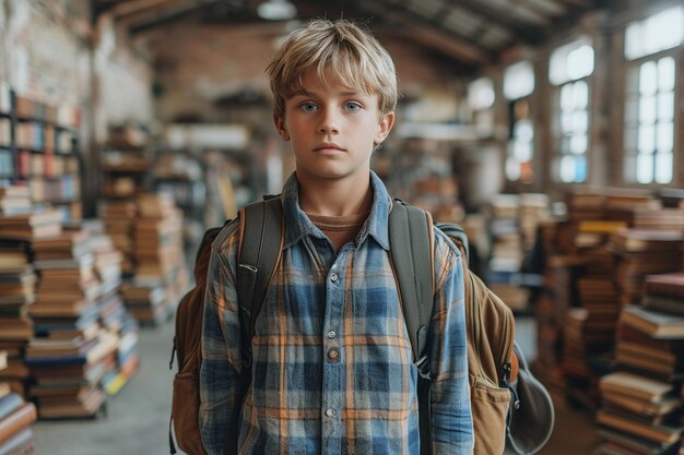 Foto schüler steht auf büchern