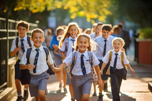 Schüler stürmen aufgeregt mit bunten Rucksäcken durch das Schultor zurück zur Schule