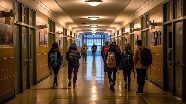 Foto schüler tragen rucksäcke und gehen den schulgang hinunter nach hause