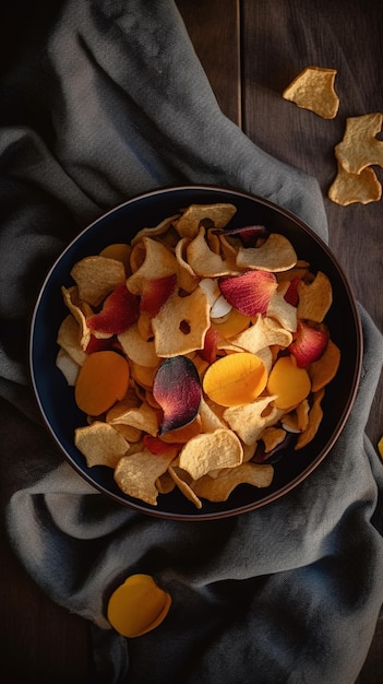 Schüssel Chips mit Pfirsichen auf dunklem Hintergrund