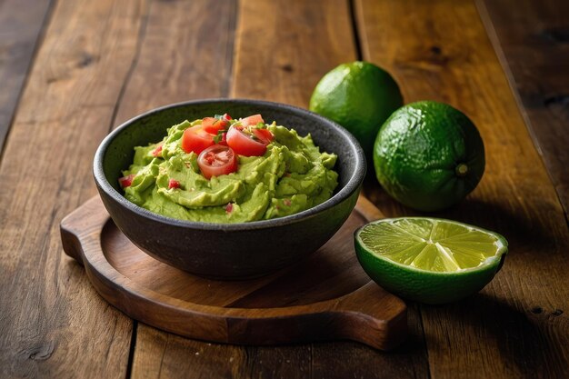 Foto schüssel frischer guacamole mit lime auf holzgrund