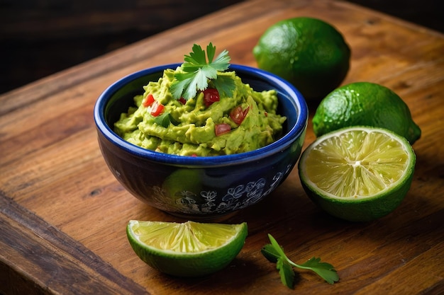 Foto schüssel frischer guacamole mit lime auf holzgrund