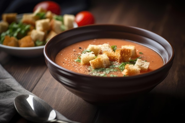 Schüssel Gazpacho, garniert mit knusprigen Croutons und einem Schuss nativem Olivenöl extra