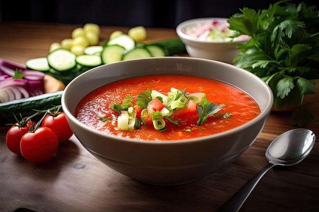 Schüssel Gazpacho mit gehacktem Gemüse und Beilagen