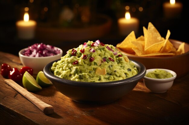 Schüssel Guacamole und Nachos auf hölzernem Hintergrund