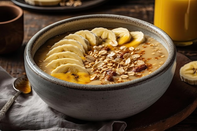 Schüssel Haferflocken mit darüber gegossener goldener Milch und geschnittenen Bananen. Generative KI