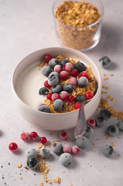 Schüssel hausgemachter Joghurt mit Müsli und gefrorenen Beeren