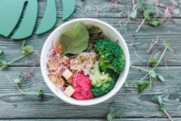 Schüssel helles gesundes Mittagessen des strengen Vegetariers: Gemüsesalat mit Tofu, Hummus und Brokkoli