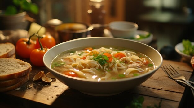 Schüssel Hühner-Nudelsuppe auf einem Tisch