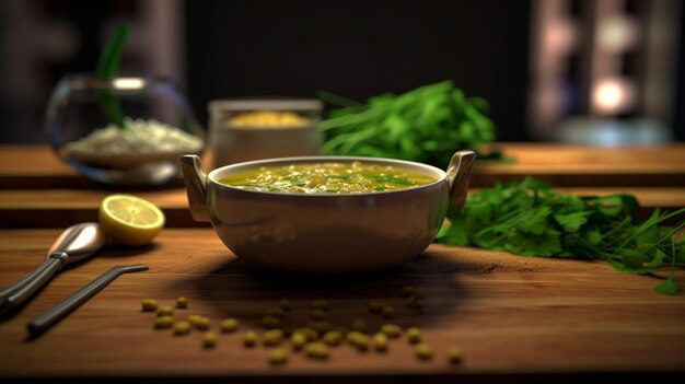 Schüssel Hühnersuppe auf Holztisch mit Zutaten im Hintergrund