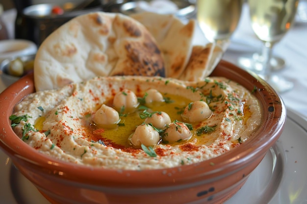 Schüssel Hummus und Pita-Brot auf dem Teller