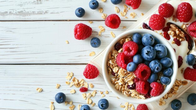 Schüssel Joghurt mit Beeren und Müsli