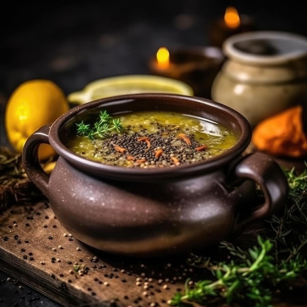 Schüssel Linsensuppe mit Kräutern auf dunklem Hintergrund