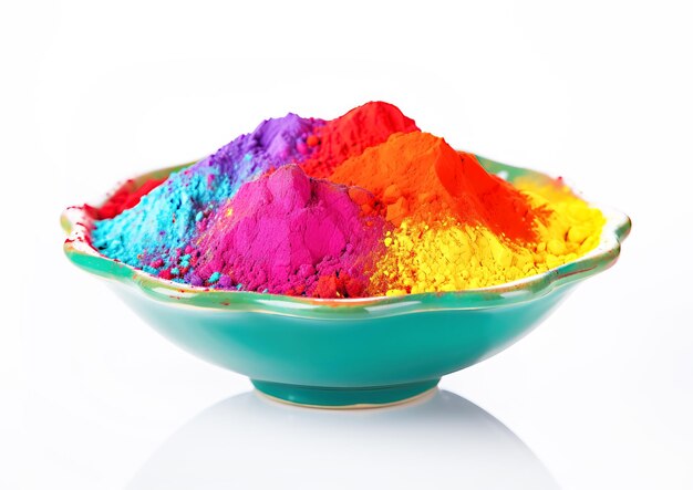 Schüssel mit bunten Holi-Farben mit weißem Hintergrund und Kopierraum