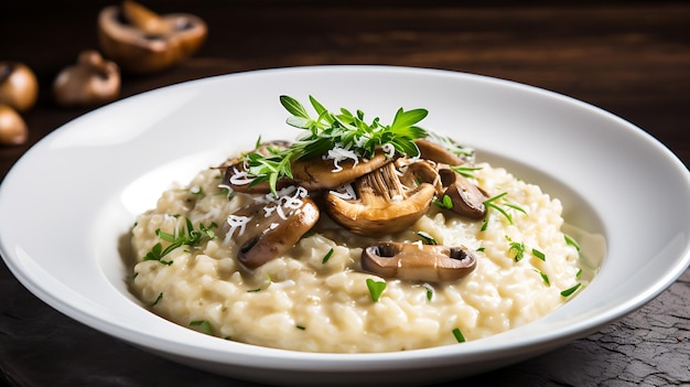 Schüssel mit cremigem Risotto mit Pilzen und Parmesankäse