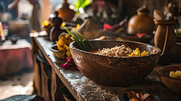 Schüssel mit Essen auf Holztisch, frische, köstliche und appetitliche Mahlzeit