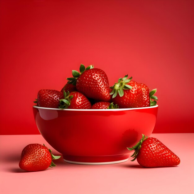 Schüssel mit frischen Erdbeeren auf rotem Hintergrund