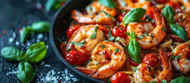 Foto schüssel mit garnelen, tomaten und basilikum